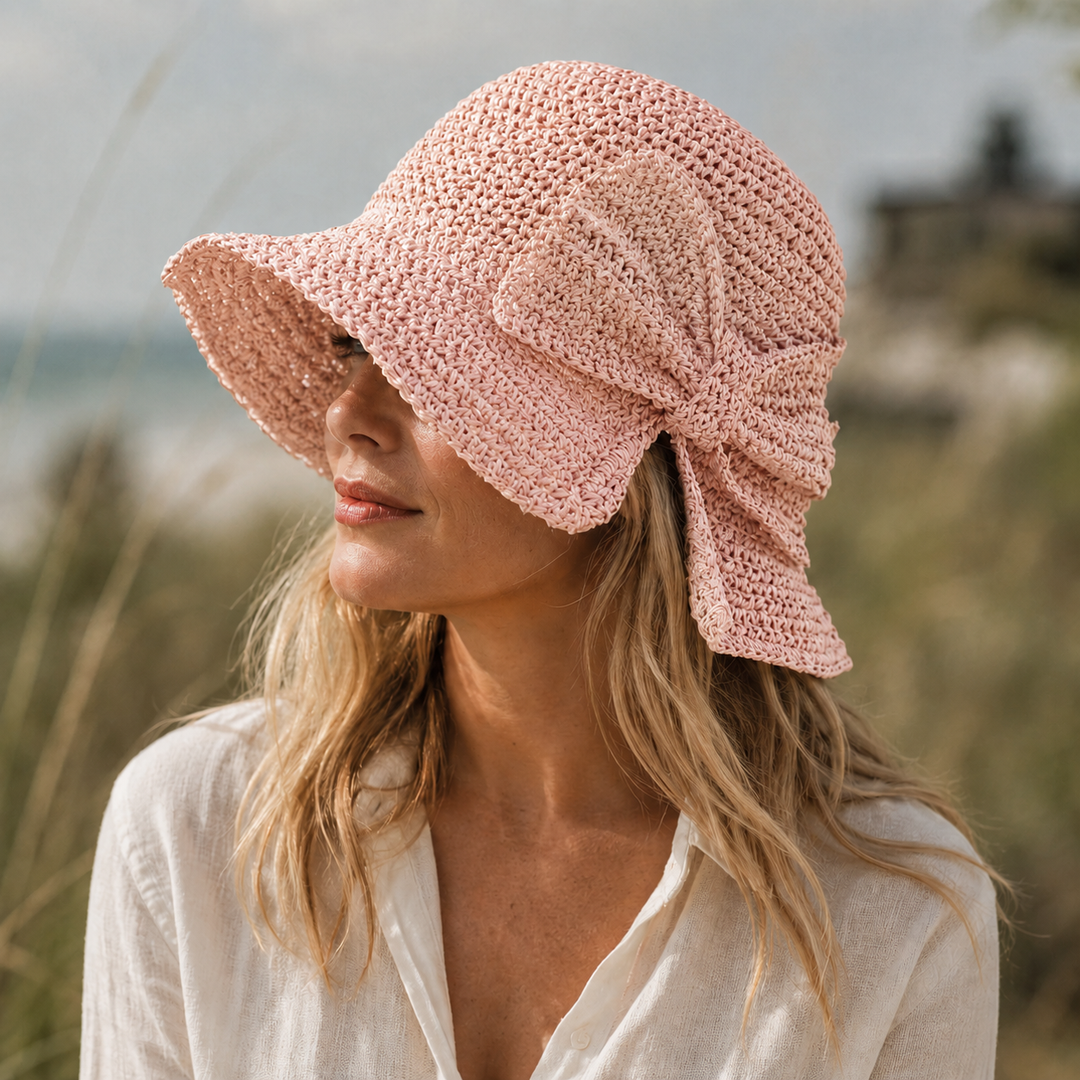 Genevieve | Women's Wide Brim Crochet Hat with Woven Bow Detail