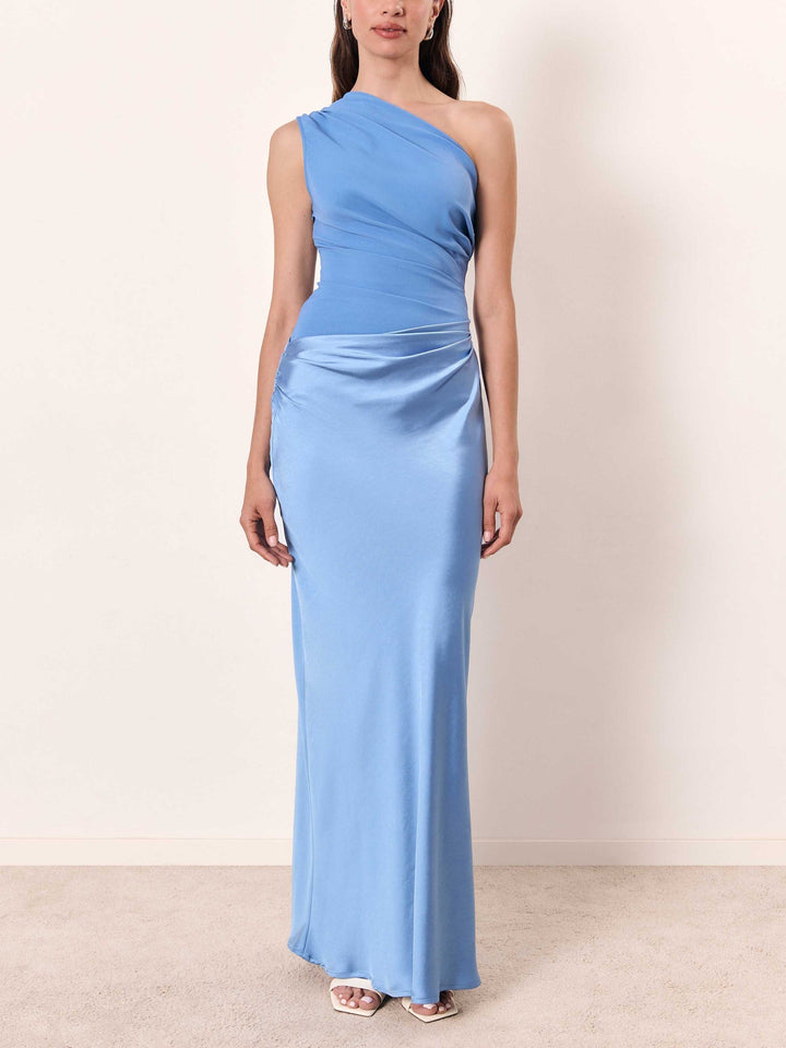 Serena | Ruched Satin One Shoulder Off Shoulder Dress