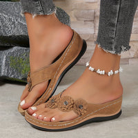 Fiora | Floral Embellished Wedge Sandals with Toe Loop