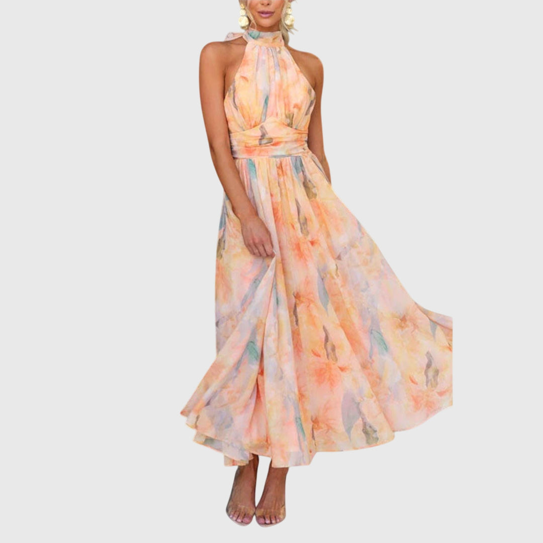 Soleil | Watercolour Floral Wrap Halter Neck Maxi Dress in Chiffon