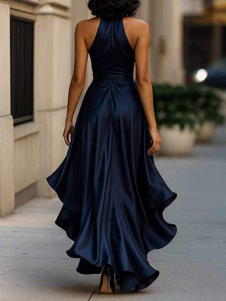 Dominique | Satin Halter Wrap Bow Formal Maxi Dress