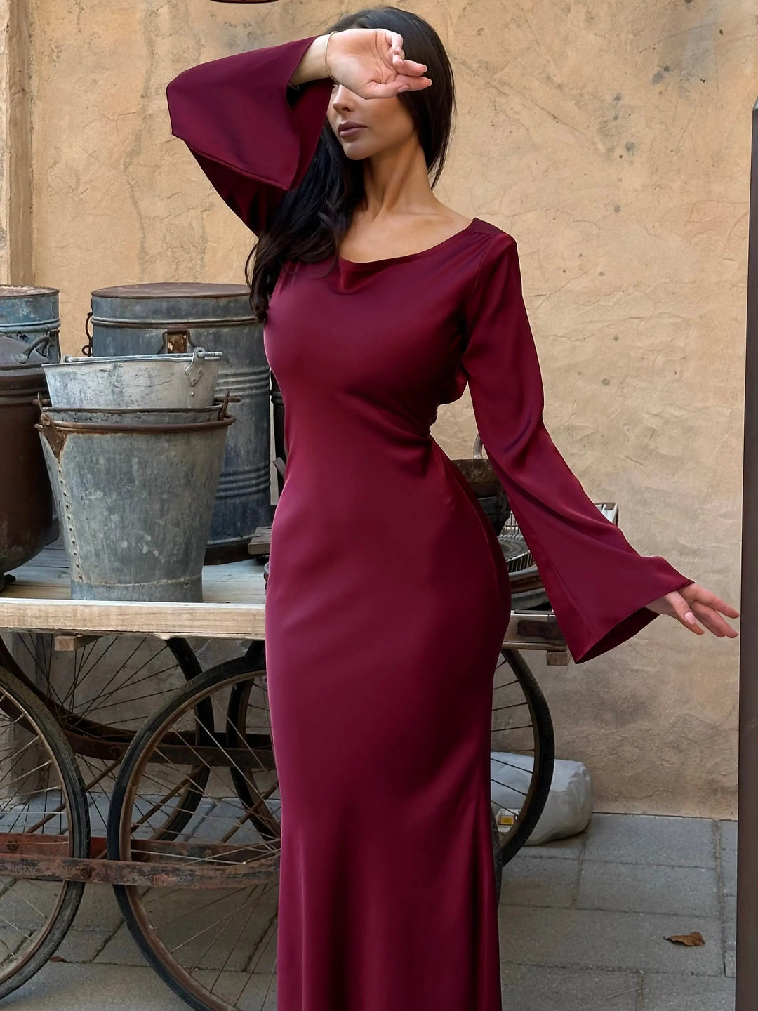 Anouk | Women's Long Sleeve Satin Maxi Dress with Draped Cowl Neck Detail