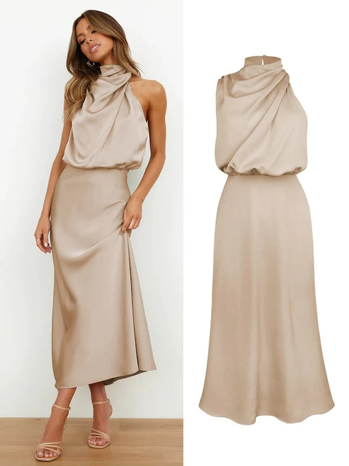 Vivara | Cowl Twist Blouson Halter Neck Maxi Dress in Satin