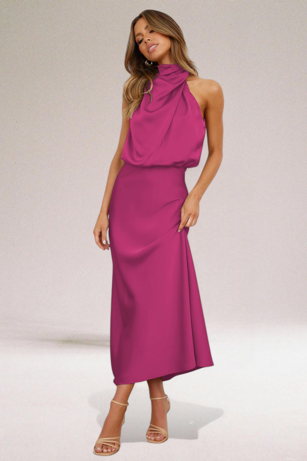 Veronique | Draped Blouson Satin Halter Neck Dress