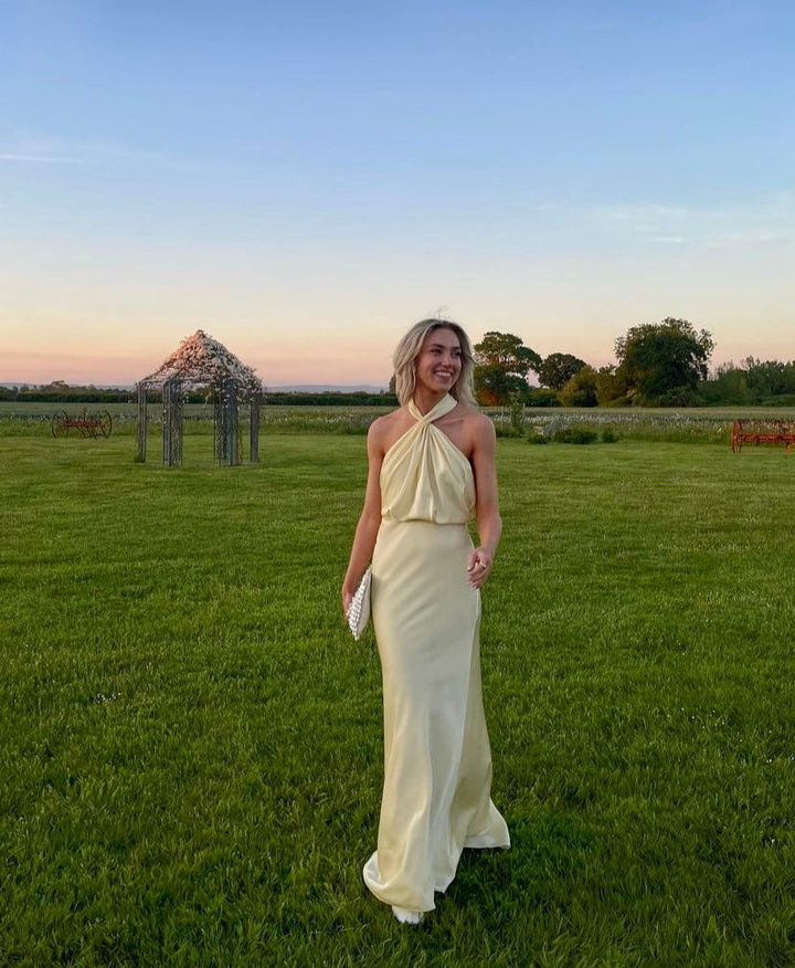 Aurore | Knotted Gathered Halter Neck Maxi Dress in Satin