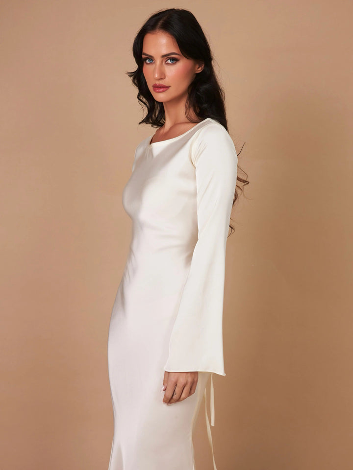 Anouk | Women's Long Sleeve Satin Maxi Dress with Draped Cowl Neck Detail