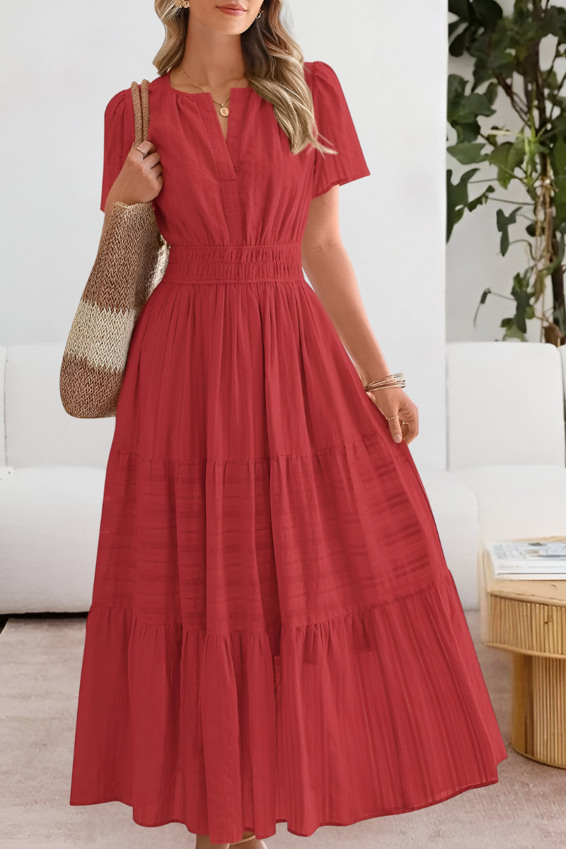 Sunniva | Notch Neck Flutter Sleeve Tiered Boho Dress with Smocked Waist