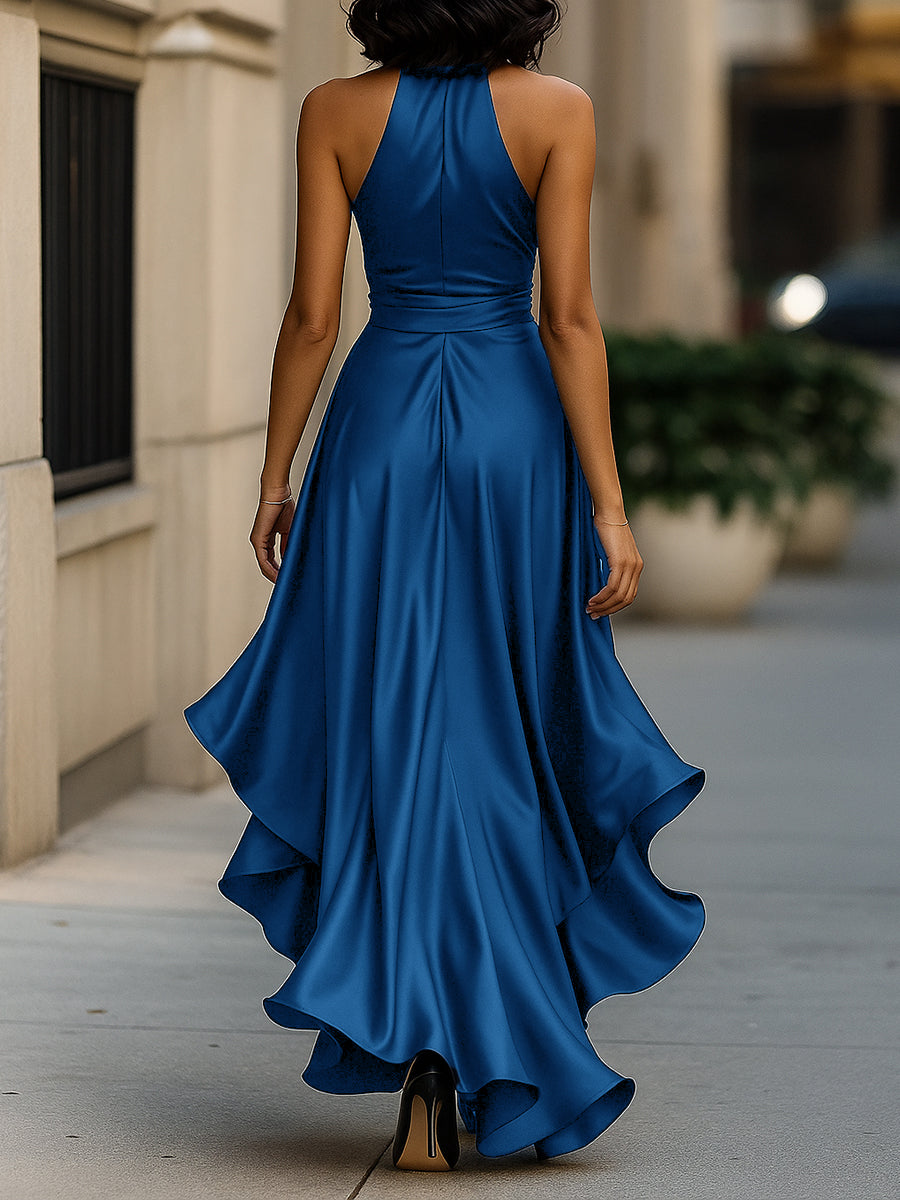 Lysette | Wrap V-Neck Bow Waist Ruffle Halter Neck Dress