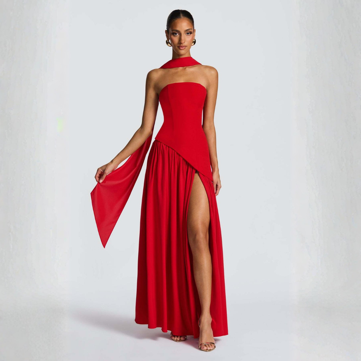 Odessa | Women's Strapless Maxi Dress with High Slit Detail