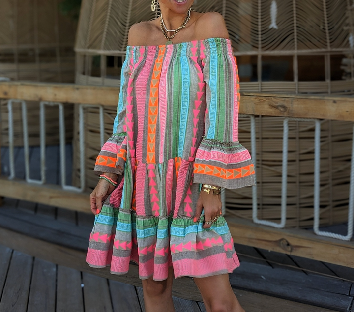 Zara | Aztec Print Flare Sleeve Off Shoulder Dress