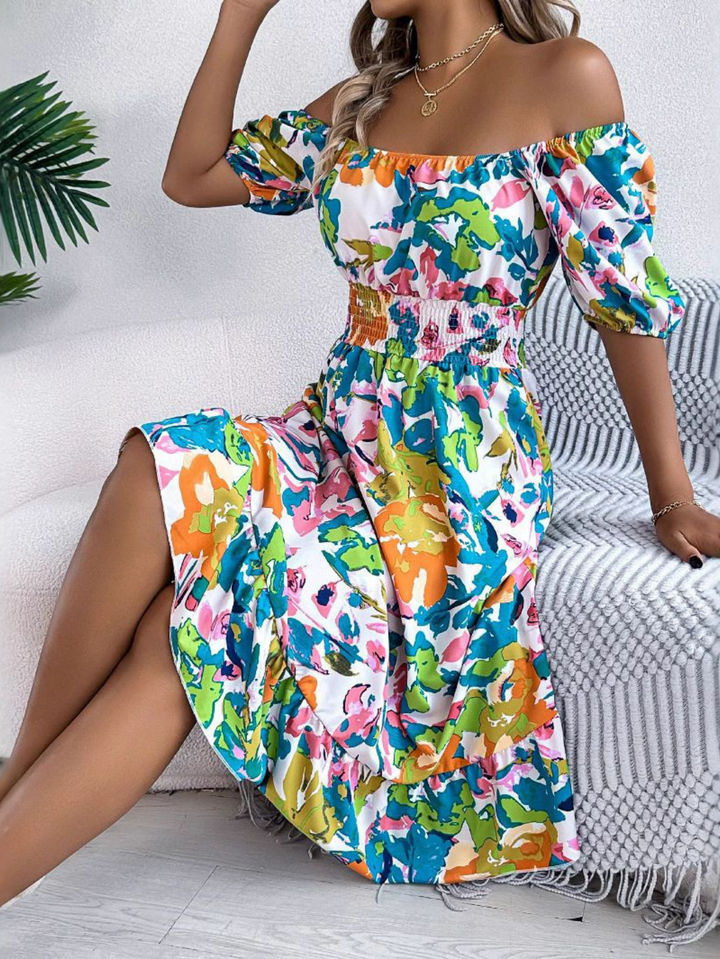 Alegria | Abstract Floral Off Shoulder Smocked Boho Dress with Puff Sleeves