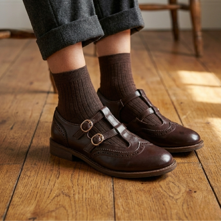 Bardot | Brogue T-Bar Double Buckle Flats