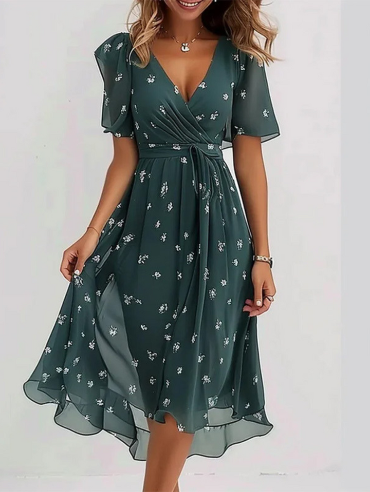 Peony | Floral Wrap Midi Summer Dress with Flutter Sleeves