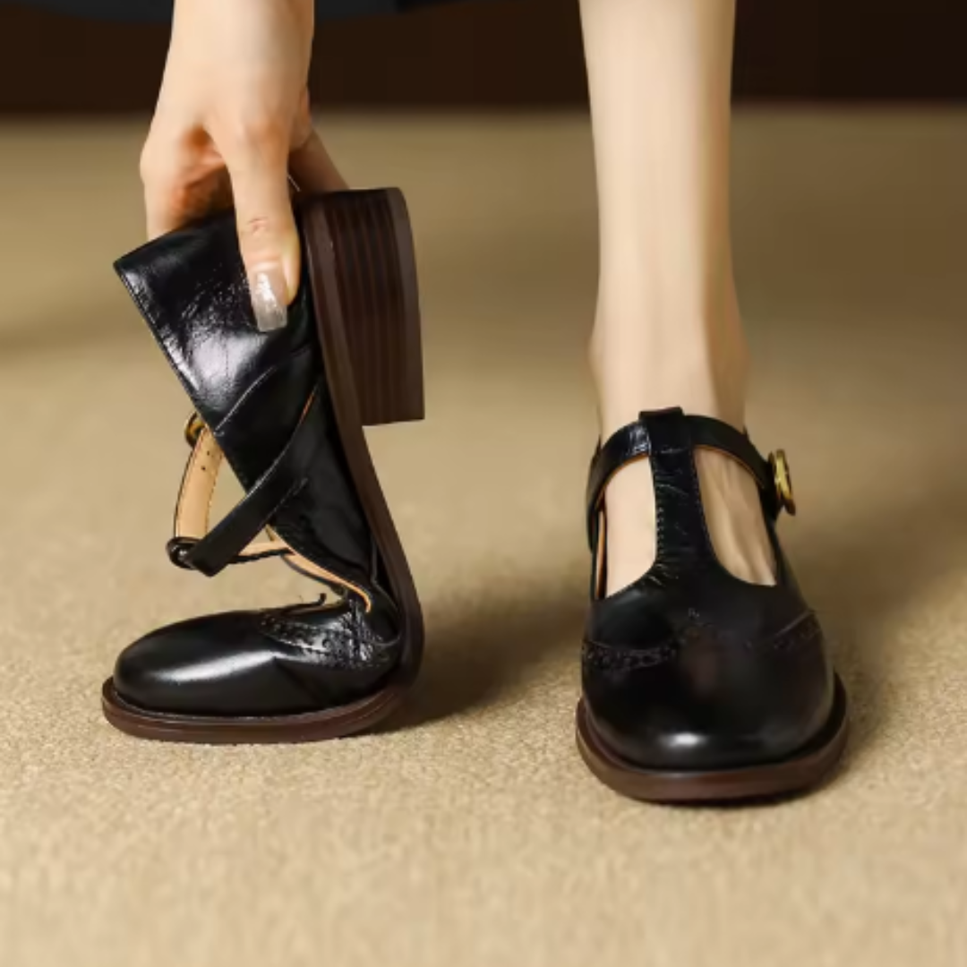 Cora | Brogue T-Bar Low Heel Mary Jane Flats