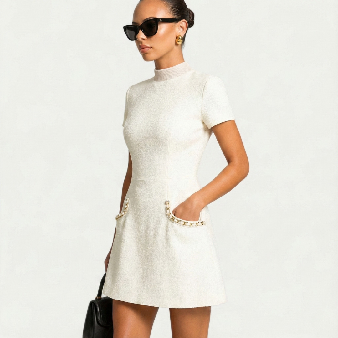Madeleine | Pearl Trim Tweed Mini Cocktail Dress with Pocket Detail