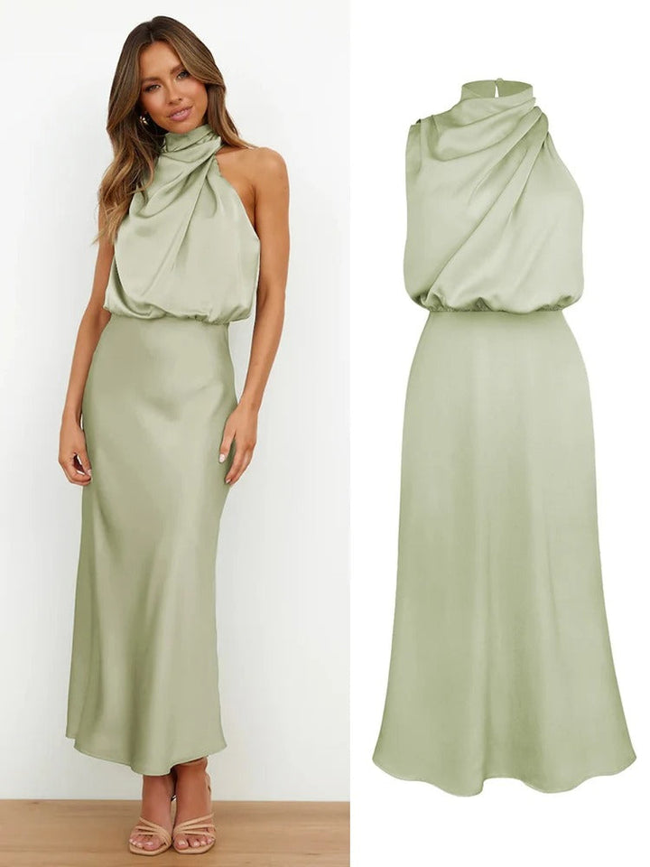 Vivara | Cowl Twist Blouson Halter Neck Maxi Dress in Satin