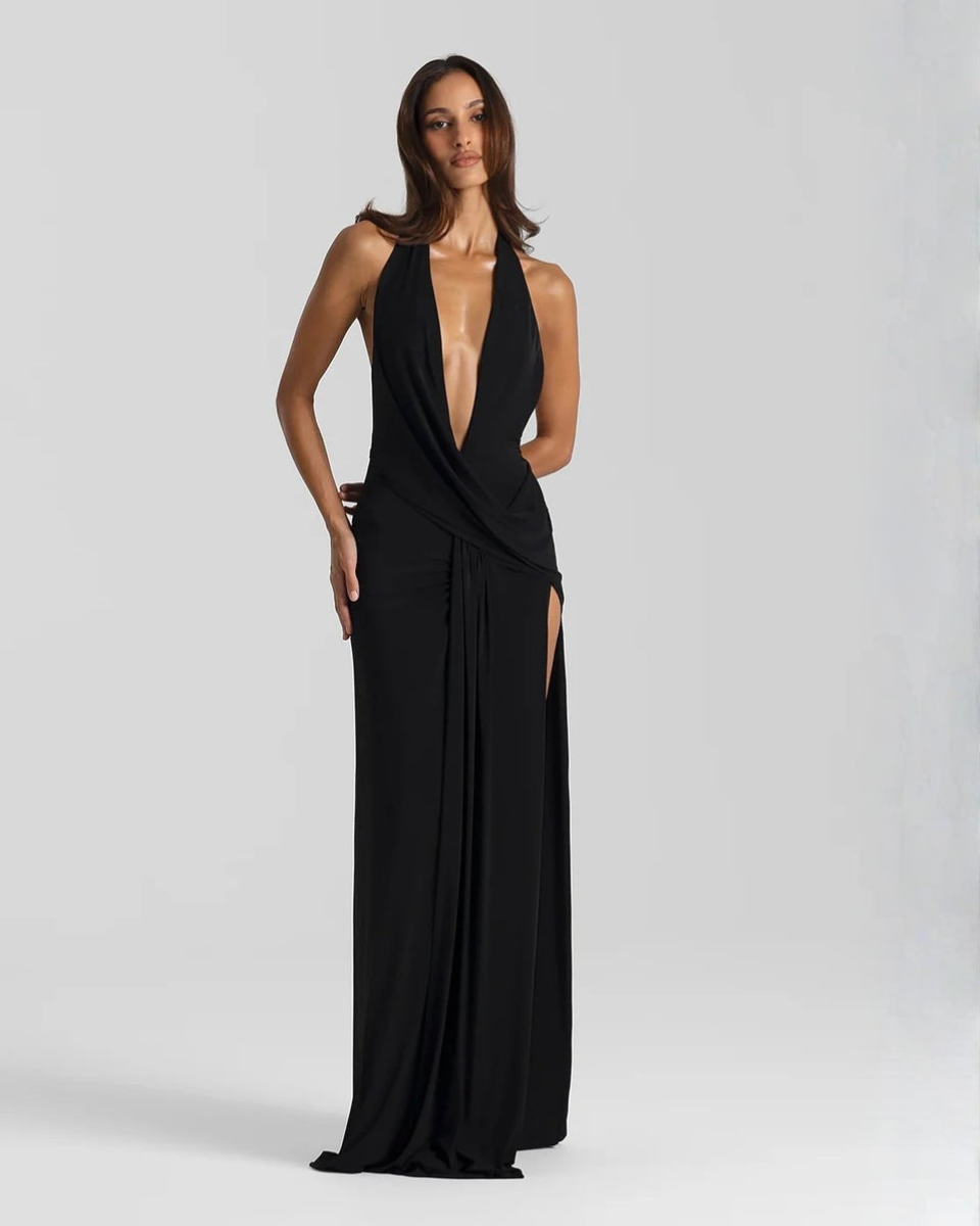 Isolde | Draped Cowl Neck Thigh Slit Halter Neck Dress