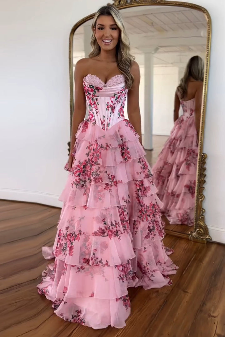 Versailles | Floral Corset Tiered Ruffle Maxi Wedding Guest Dress