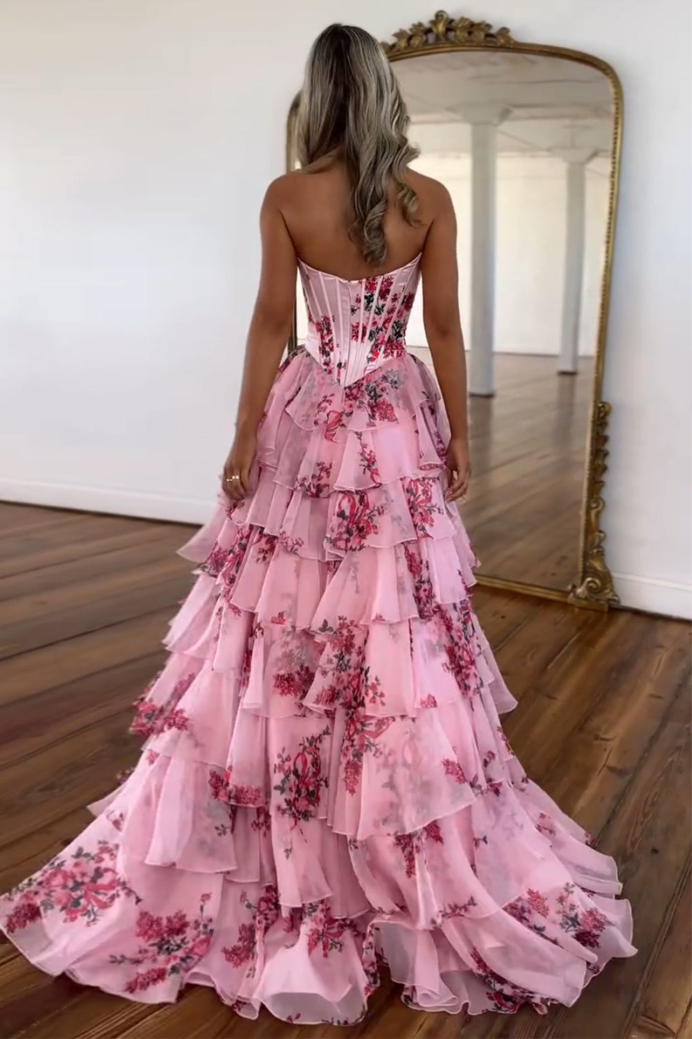Versailles | Floral Corset Tiered Ruffle Maxi Wedding Guest Dress