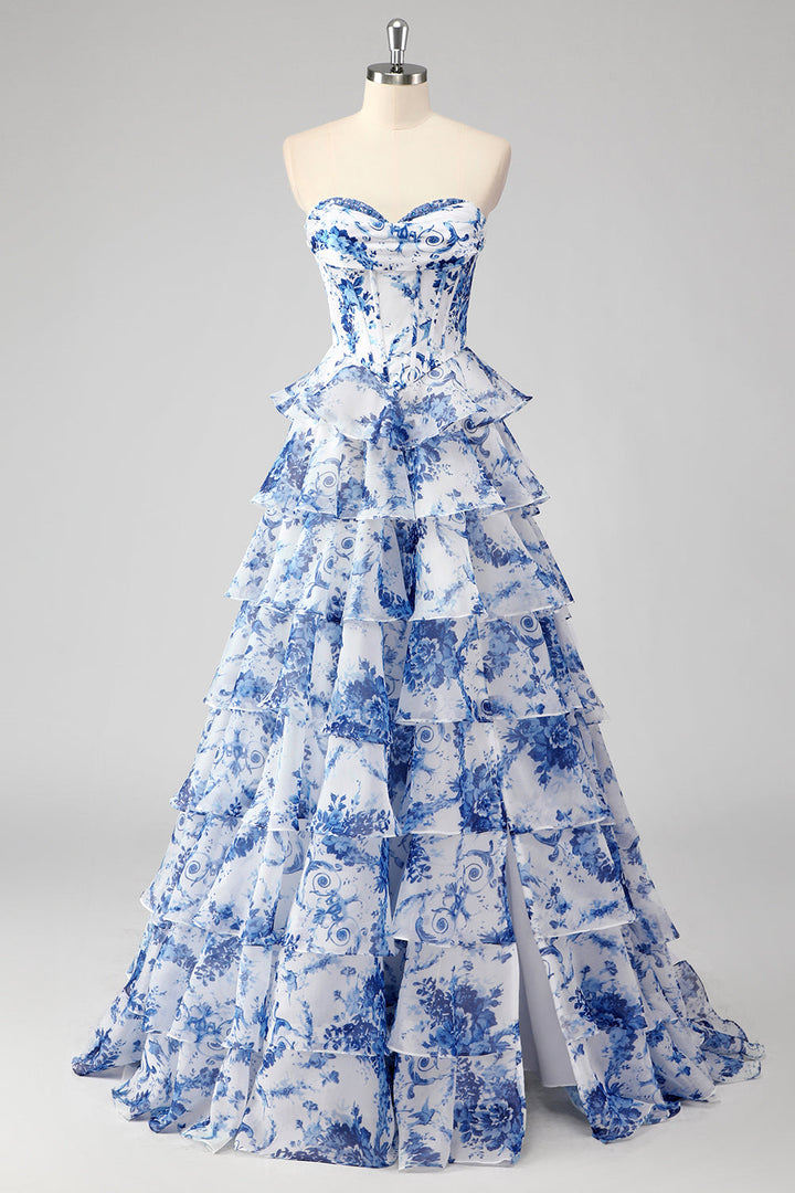 Versailles | Floral Corset Tiered Ruffle Maxi Wedding Guest Dress
