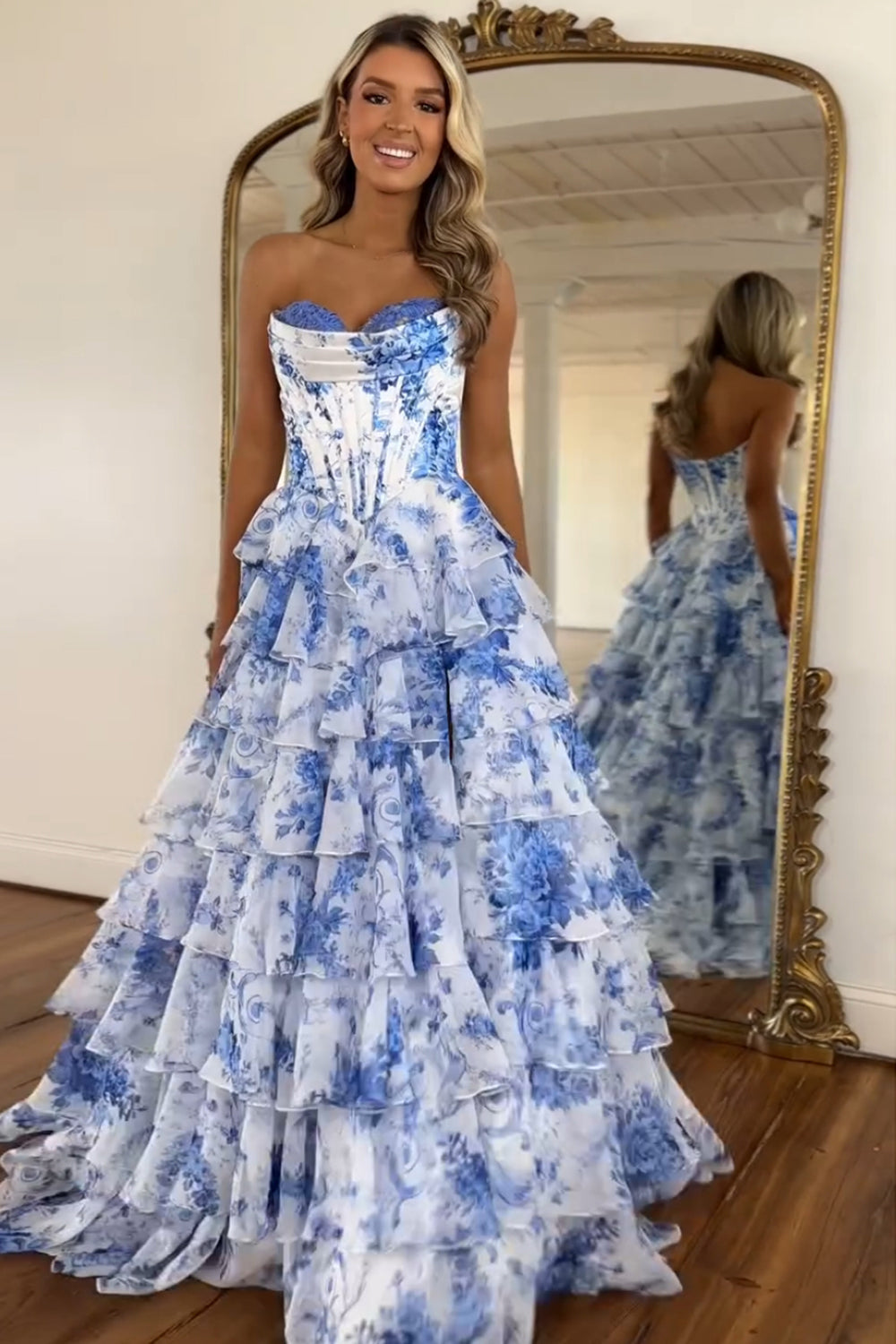 Versailles | Floral Corset Tiered Ruffle Maxi Wedding Guest Dress