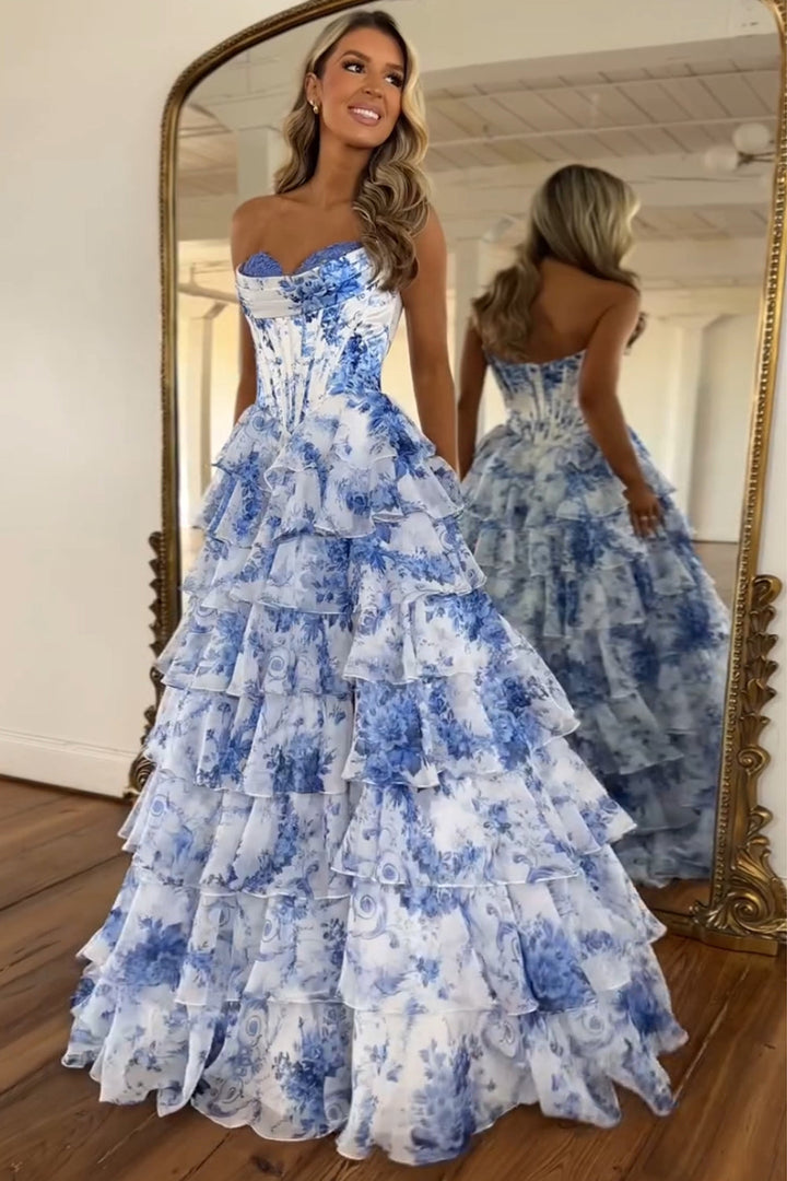 Versailles | Floral Corset Tiered Ruffle Maxi Wedding Guest Dress