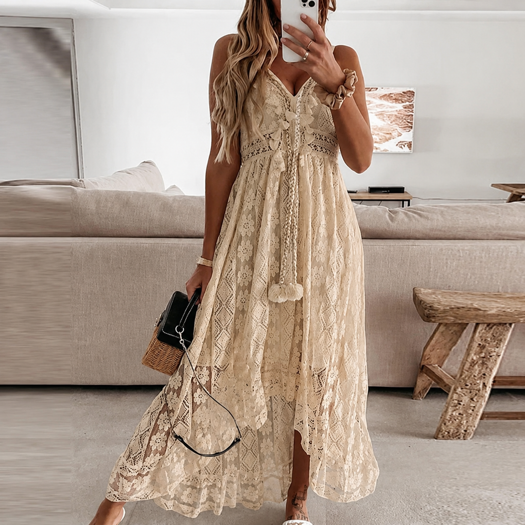 Bianca | Floral Lace Tassel Tie Spaghetti Strap Boho Dress with Split