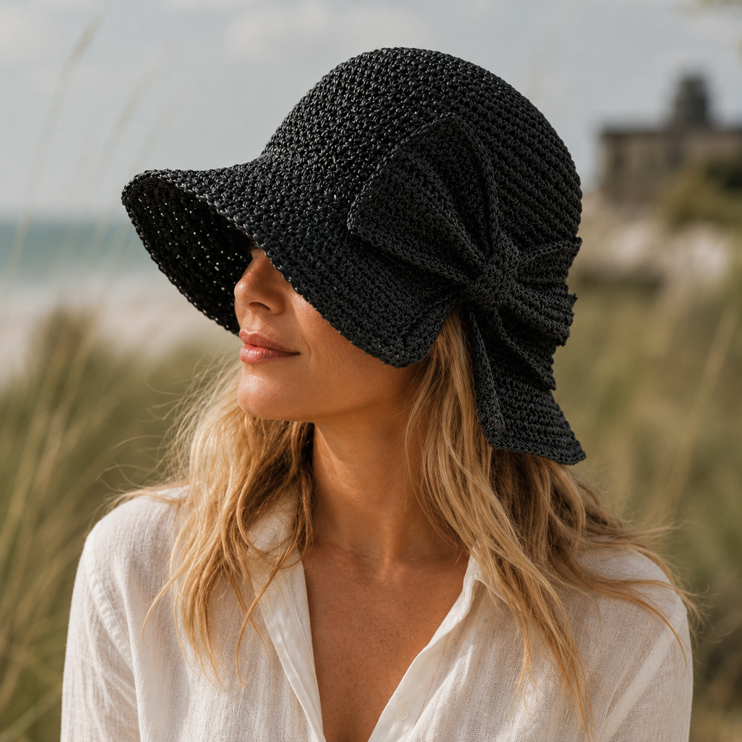 Genevieve | Women's Wide Brim Crochet Hat with Woven Bow Detail