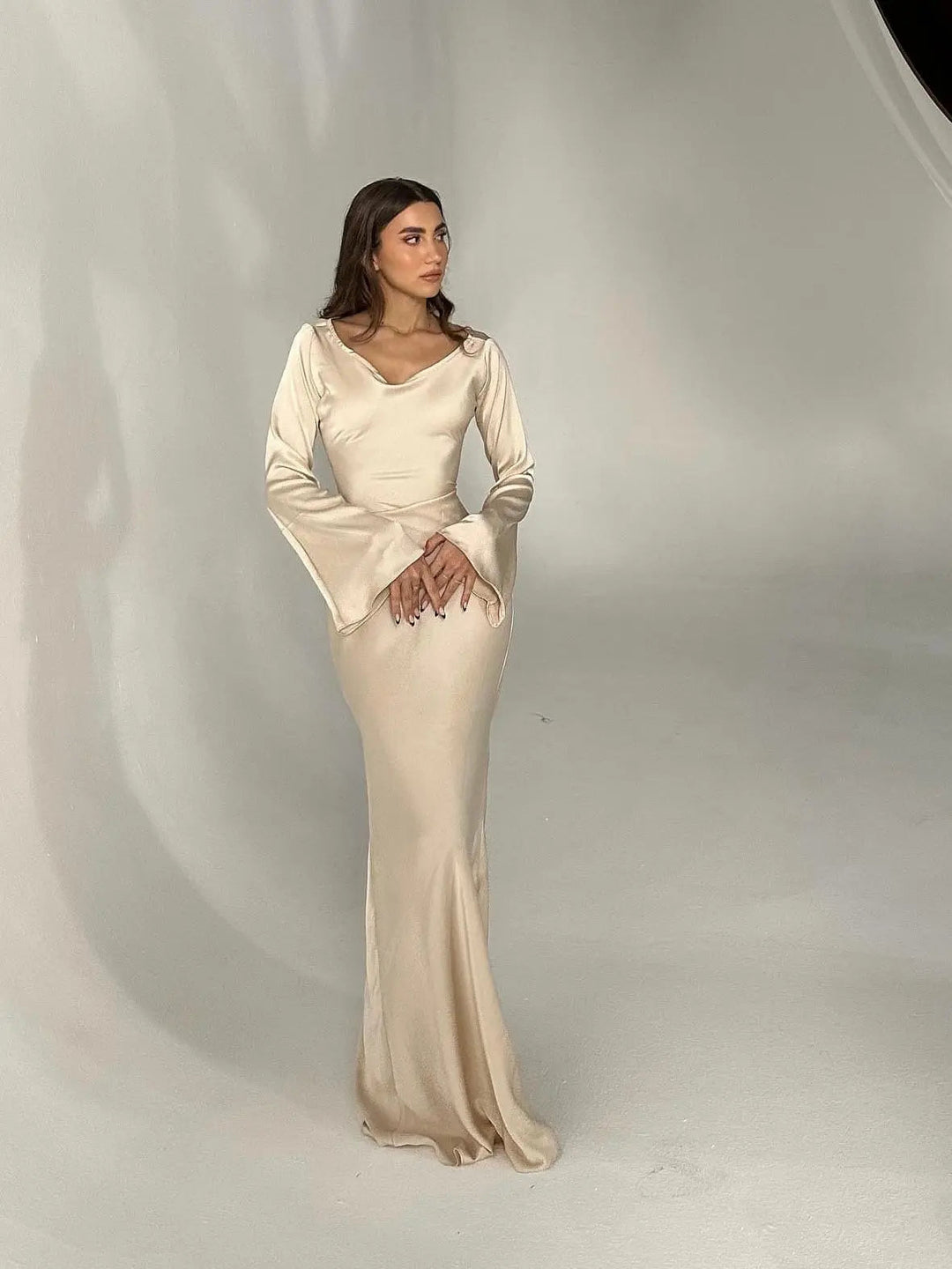 Anouk | Women's Long Sleeve Satin Maxi Dress with Draped Cowl Neck Detail
