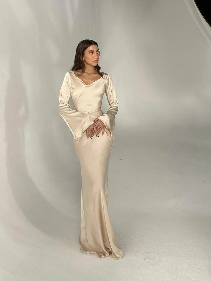 Anouk | Women's Long Sleeve Satin Maxi Dress with Draped Cowl Neck Detail