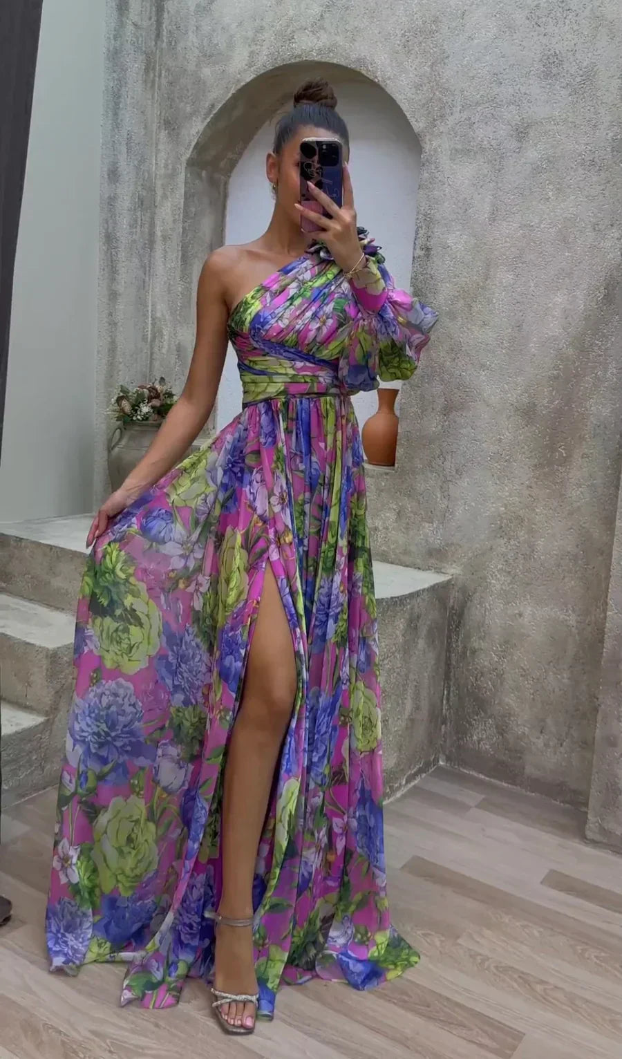 Valentina | Floral Puff Sleeve One Shoulder Off Shoulder Dress