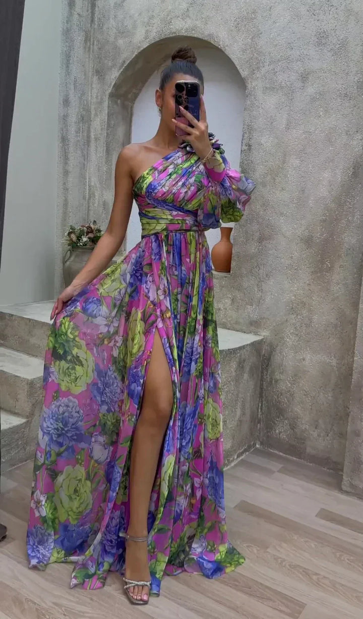 Valentina | Floral Puff Sleeve One Shoulder Off Shoulder Dress