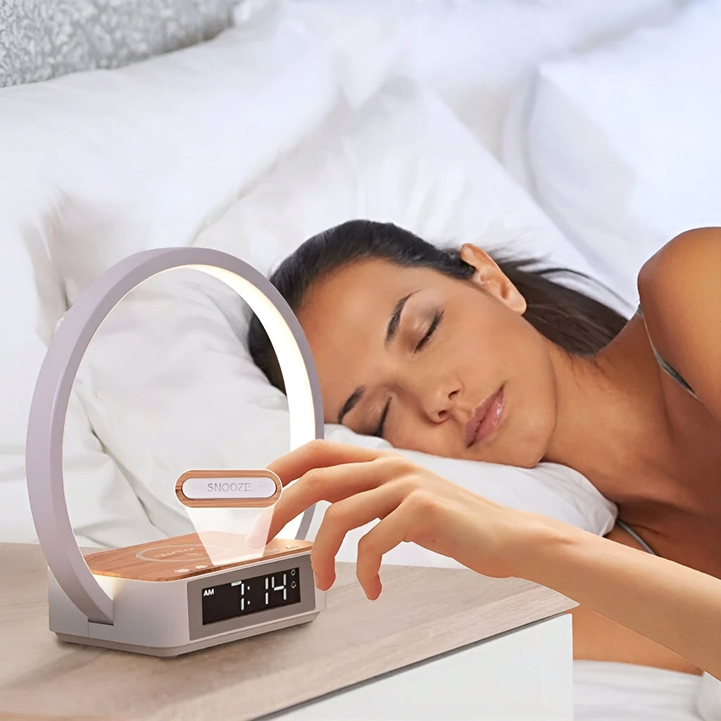 Designer Night Light with Wireless Charger and Alarm Clock – Bedside Lamp with Gentle Wake-Up &amp; Touch Control – LumoRise