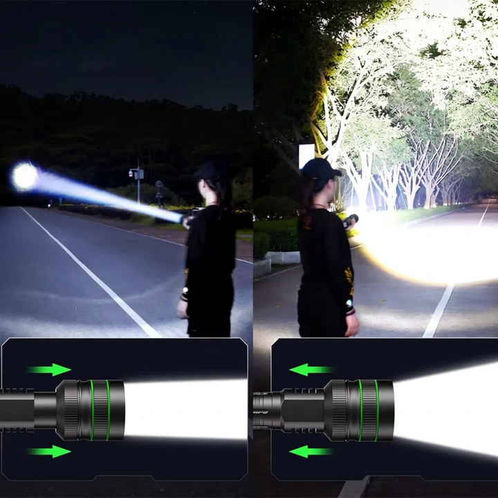 Extremely Bright Zoomable LED Flashlight – IPX67 Waterproof Aircraft Aluminum Flashlight with SOS &amp; Strobe, 4 Brightness Levels – PowerBeam