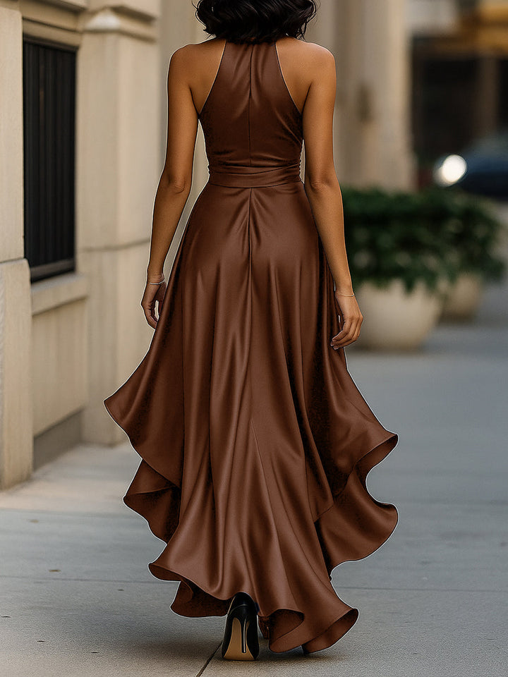 Dominique | Satin Halter Wrap Bow Formal Maxi Dress