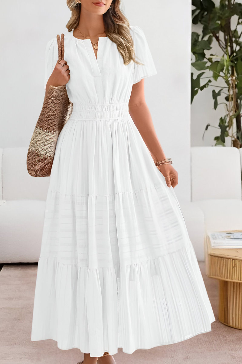 Sunniva | Notch Neck Flutter Sleeve Tiered Boho Dress with Smocked Waist
