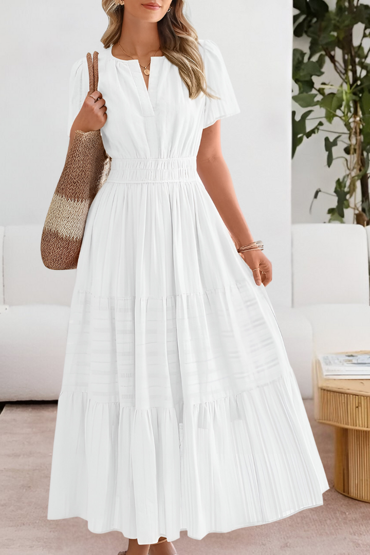 Sunniva | Notch Neck Flutter Sleeve Tiered Boho Dress with Smocked Waist