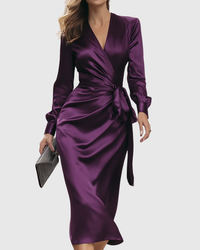 Marguerite | Satin Wrap Tie Waist Long Sleeve Cocktail Dress