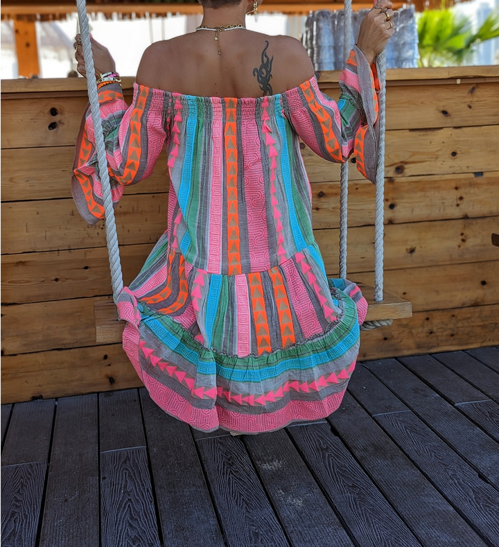 Zara | Aztec Print Flare Sleeve Off Shoulder Dress
