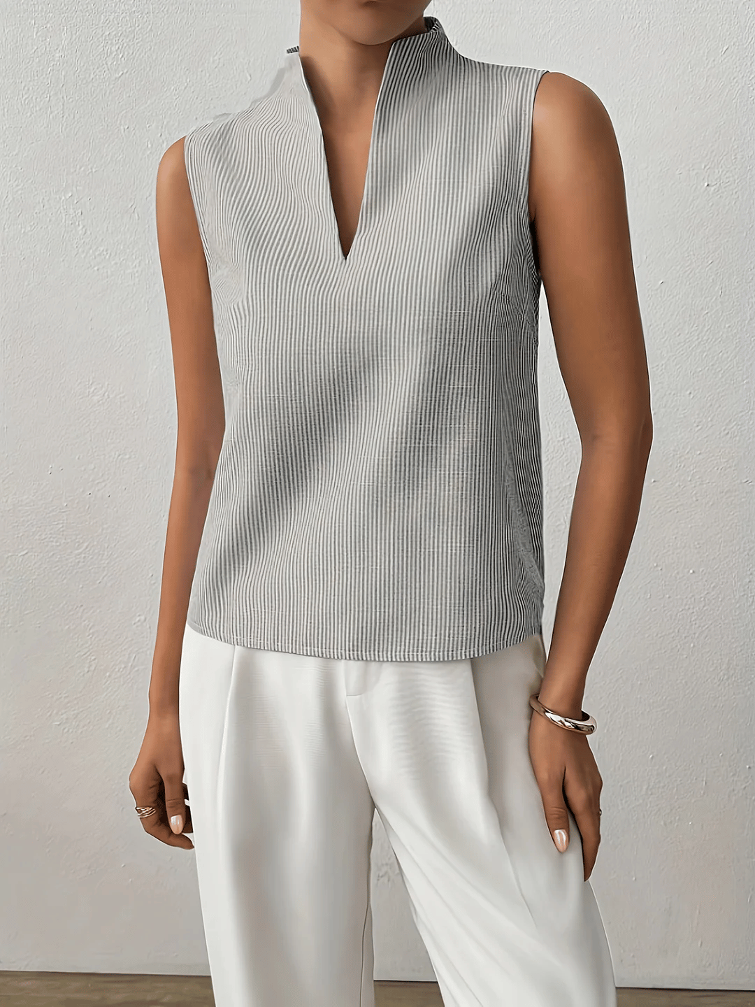 Riviera | Striped V-Neck Sleeveless Top with Stand Collar