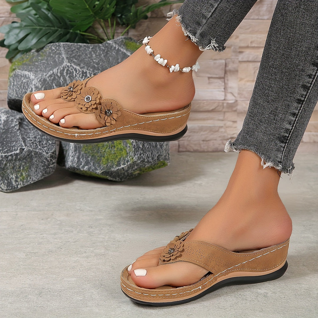 Fiora | Floral Embellished Wedge Sandals with Toe Loop