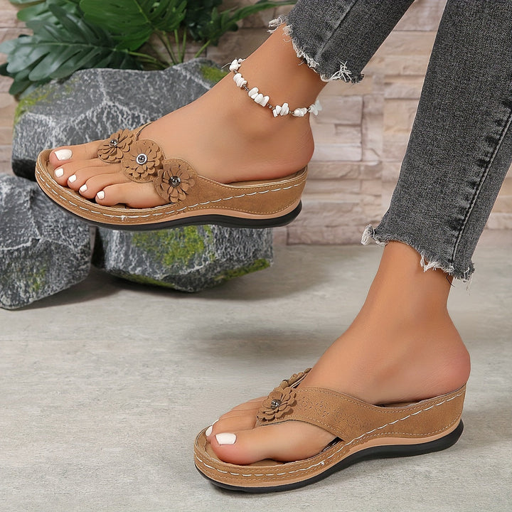 Fiora | Floral Embellished Wedge Sandals with Toe Loop