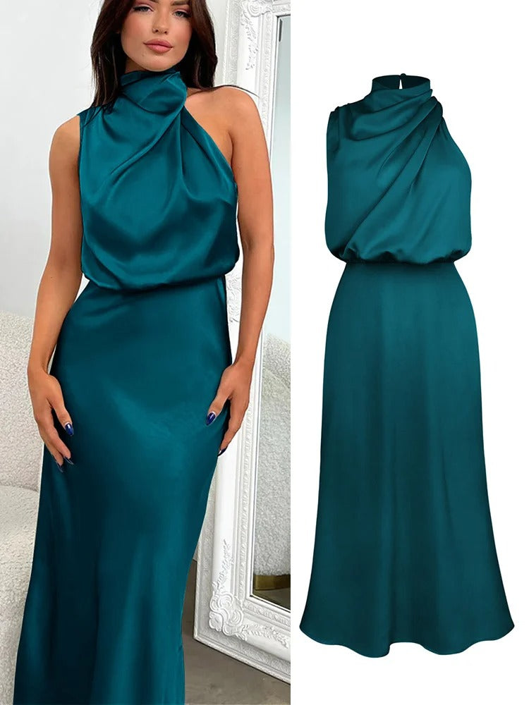 Vivara | Cowl Twist Blouson Halter Neck Maxi Dress in Satin