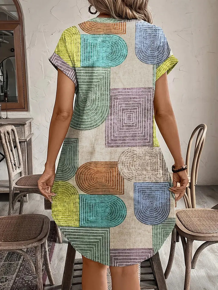 Bauhaus | Retro Geometric Print Button Front Cap Sleeve Boho Dress