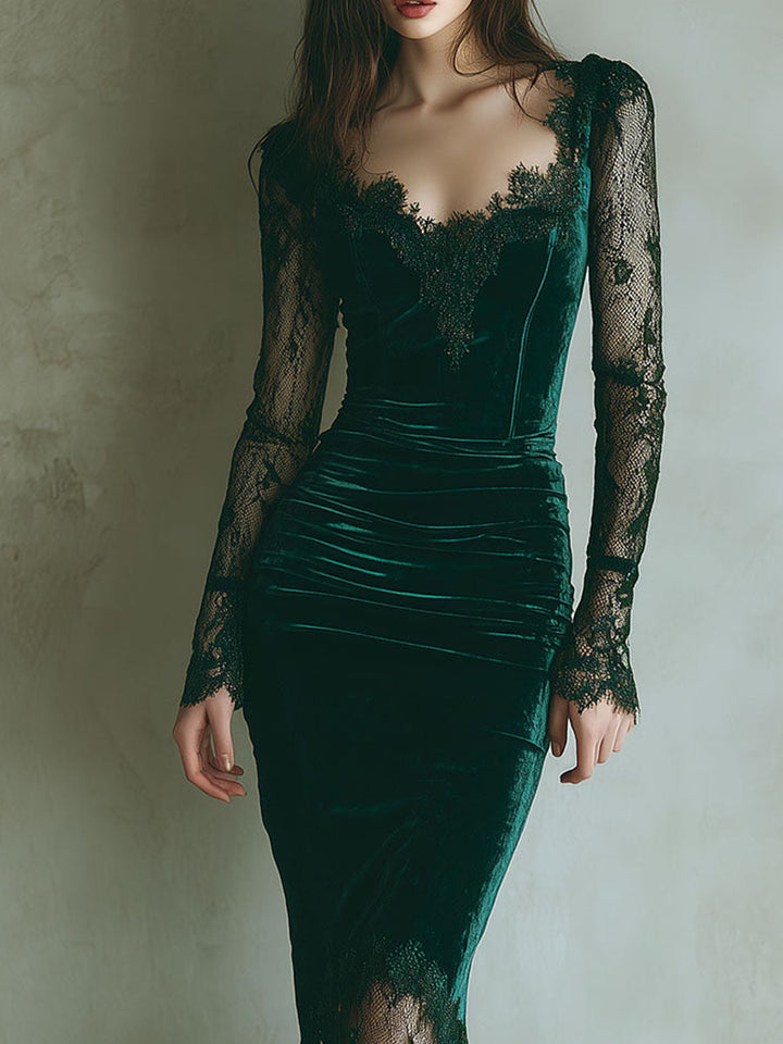 Genevieve | Velvet Lace Trim Bodycon Midi Dress