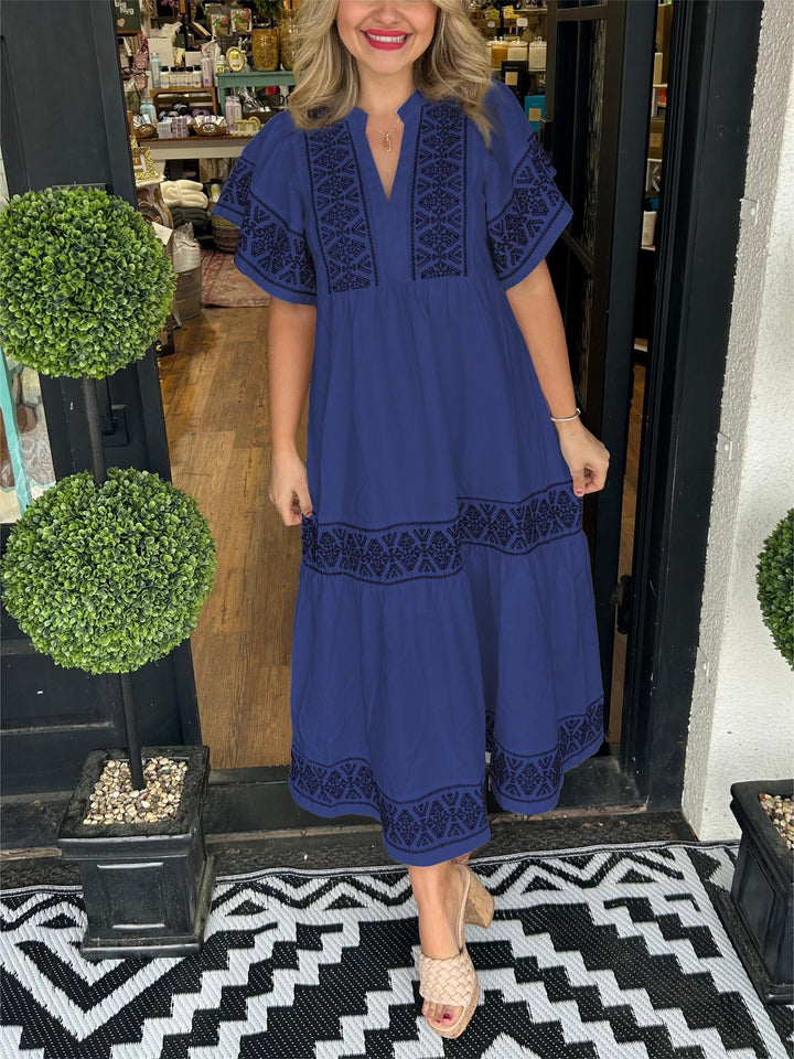 Zara | Geometric Embroidered Tiered Boho Dress with Flutter Sleeves
