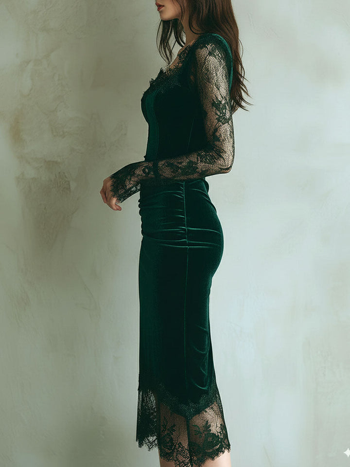 Genevieve | Velvet Lace Trim Bodycon Midi Dress