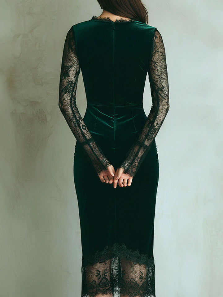 Genevieve | Velvet Lace Trim Bodycon Midi Dress