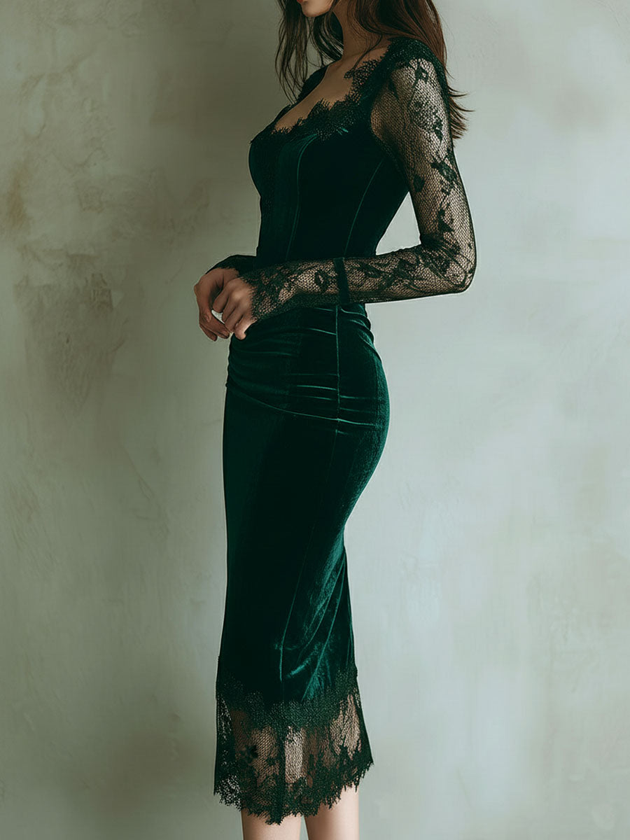Genevieve | Velvet Lace Trim Bodycon Midi Dress