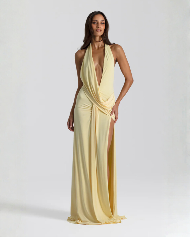Isolde | Draped Cowl Neck Thigh Slit Halter Neck Dress
